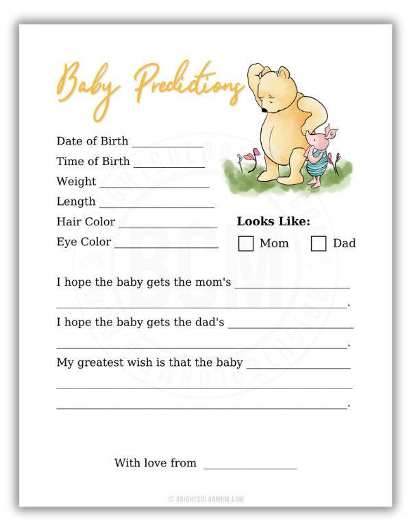 PDF of a baby predictions baby shower game featuring an illustration of the classic Winnie the Pooh and Piglet