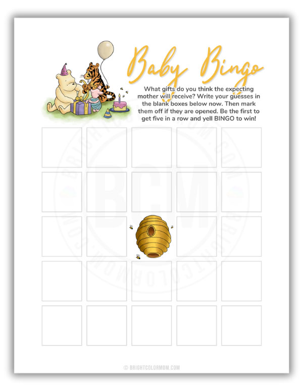 PDF of a baby bingo baby shower game featuring an illustration of the classic Winnie the Pooh, Tigger and Piglet characters opening a gift at a party, with a beehive as the center free space on the bingo card