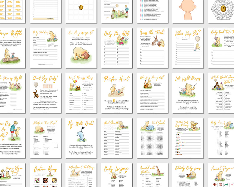 showcase of the individual pages of a large collection of Winnie the Pooh baby shower games printables featuring colorful illustrations of the vintage book characters