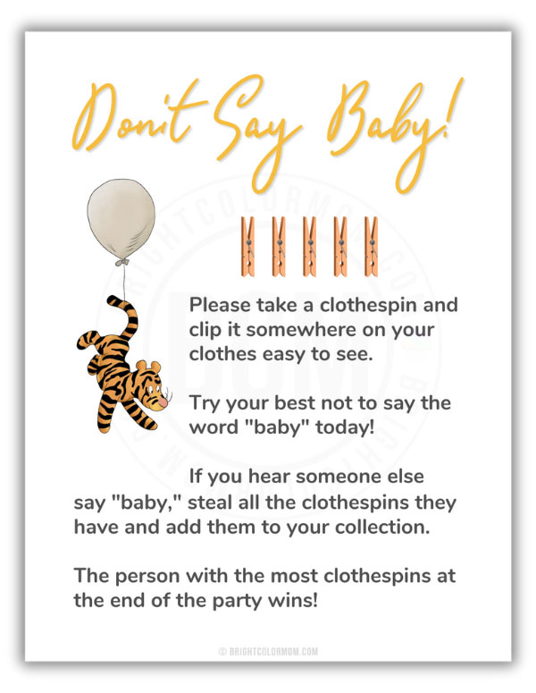 PDF of a don't say baby baby shower clothespin game featuring an illustration of the classic Tigger floating up in a balloon