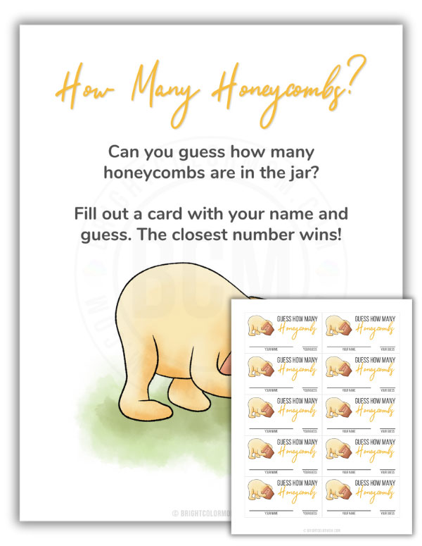 PDF of a how many honeycombs baby shower game featuring an illustration of the classic Winnie the Pooh with his head stuck in a honey pot