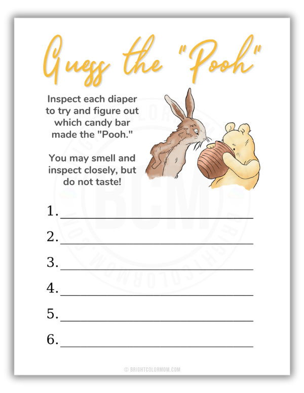 PDF of a guess that poop baby shower diaper game featuring an illustration of the classic Winnie the Pooh with his face in a honey pot while Rabbit looks at him