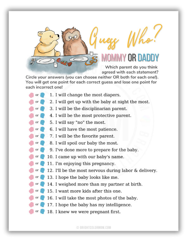 PDF of a guess who: mommy or daddy baby shower game featuring an illustration of the classic Winnie the Pooh and Owl characters sitting at a dinner table