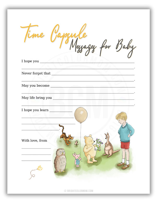 PDF of a time capsule wishes for baby sheet featuring an illustration of the classic Winnie-the-Pooh characters Owl, Tigger, Piglet, Kanga, Roo, and Christopher Robin all standing around Pooh bear
