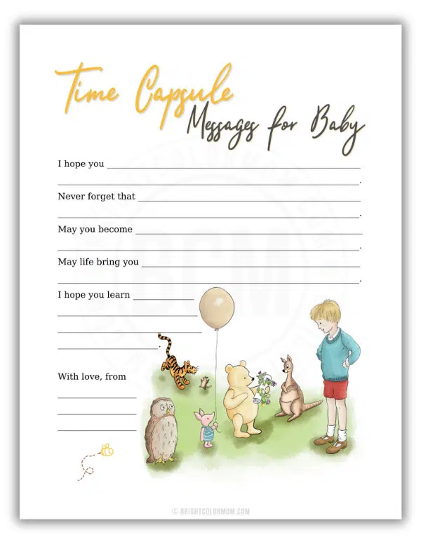 PDF of a time capsule wishes for baby sheet featuring an illustration of the classic Winnie-the-Pooh characters Owl, Tigger, Piglet, Kanga, Roo, and Christopher Robin all standing around Pooh bear