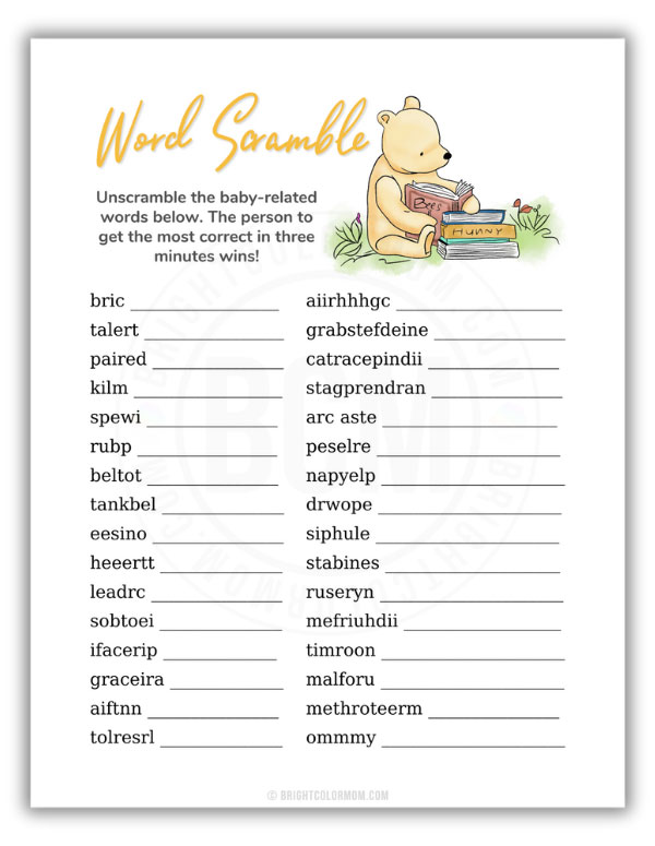 PDF of a word scramble game featuring an illustration of the classic Winnie-the-Pooh reading a book