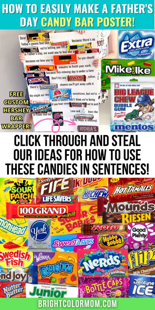 large collage of candy as well as a completed Father's Day candy bar poster and text reading "How to easily make a Father's Day candy bar poster! Click through and steal our ideas for how to use these candies in sentences"