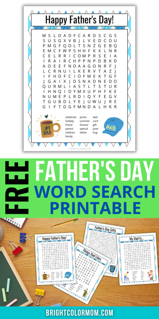 the top has a medium-difficult Father's Day word search and the bottom shows several Father's Day-themed word searches on a student desk. Text reads "FREE Father's Day word search printable"