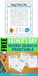the top has a medium-difficult Father's Day word search and the bottom shows several Father's Day-themed word searches on a student desk. Text reads "FREE Father's Day word search printable"