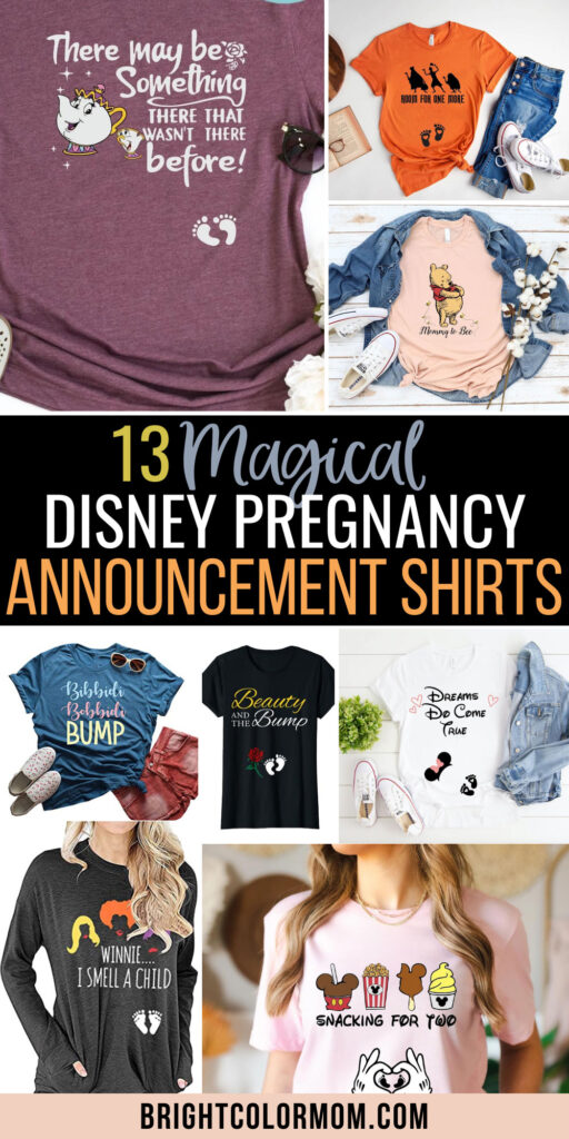 collage of various Disney pregnancy announcement shirts with the text "13 Magical Disney Pregnancy Announcement Shirts"