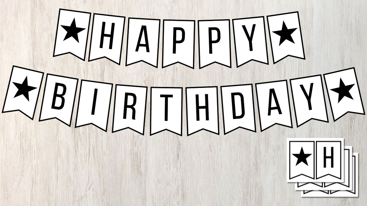 a black and white banner that says "Happy Birthday" with stars on the ends