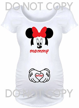 white maternity shirt featuring Minnie Mouse and the text "Mommy" at the top with gloved Minnie hands around the word "Baby" at the belly