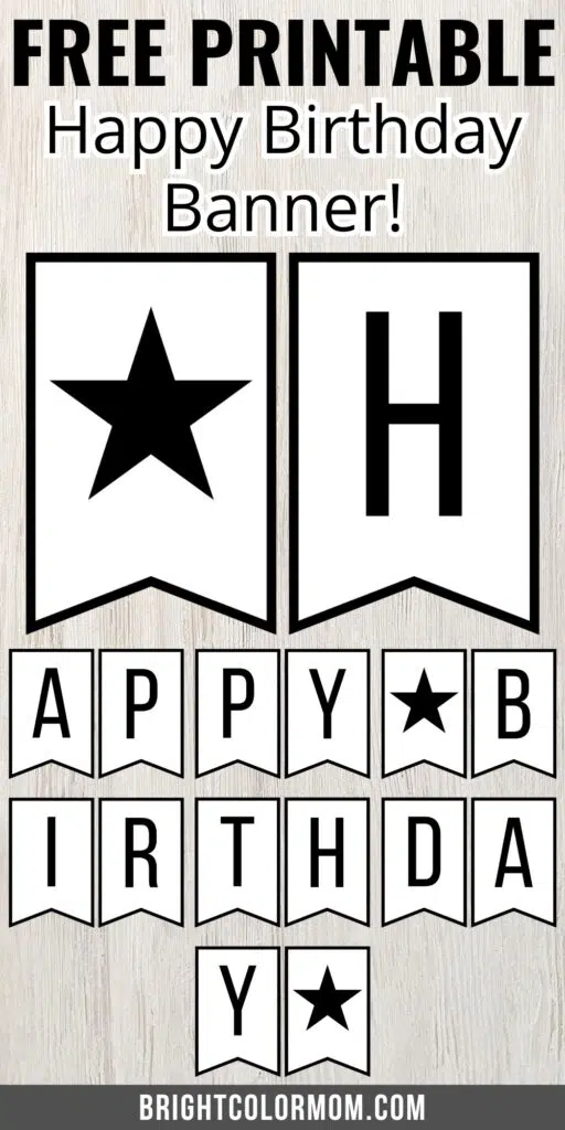 visualization of a printable black and white happy birthday banner with "FREE PRINTABLE" across the top