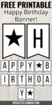 visualization of a printable black and white happy birthday banner with "FREE PRINTABLE" across the top