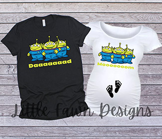 pair of coordinating father/mother pregnancy shirts featuring the Toy Story aliens saying "Dad" on one and "Mom" on the other