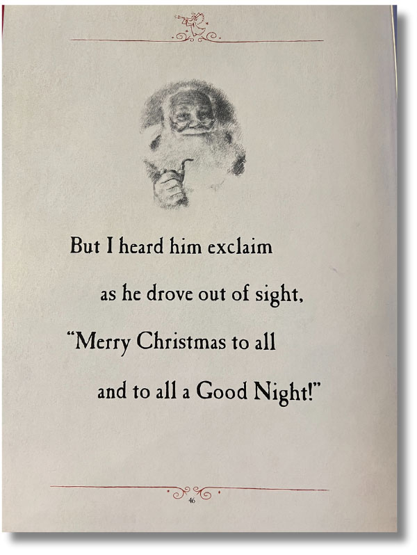 a page from a book with the final line from "Twas the Night Before Christmas" reading: "But I heard him exclaim as he drove out of sight, "Merry Christmas to all and to all a Good Night!"