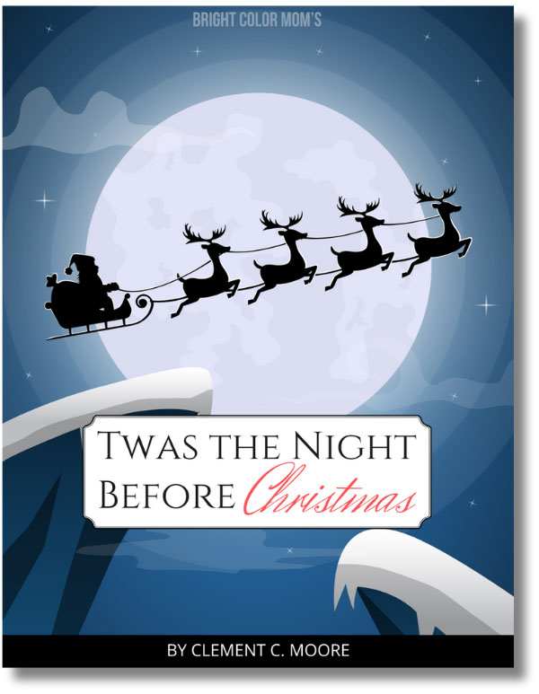 cover art for "Twas the Night Before Christmas" showing a silhouette of Santa and his reindeer flying across a full moon at night