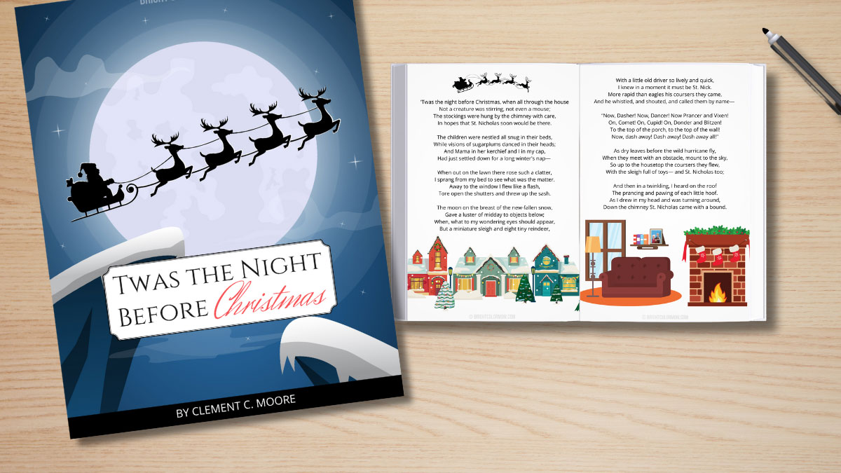 cover art for a PDF download of "Twas the Night Before Christmas" with the next two pages shown like a bound book