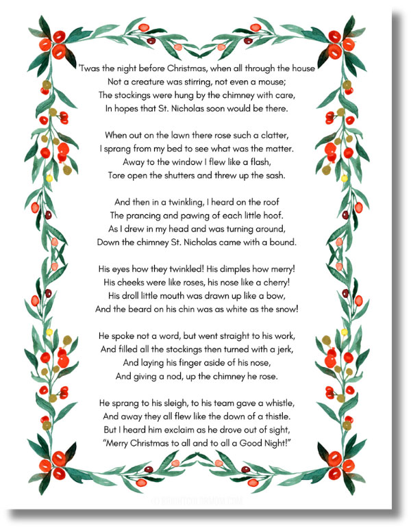 a shortened version of the poem "Twas the Night Before Christmas" on a single page with a festive Christmas frame
