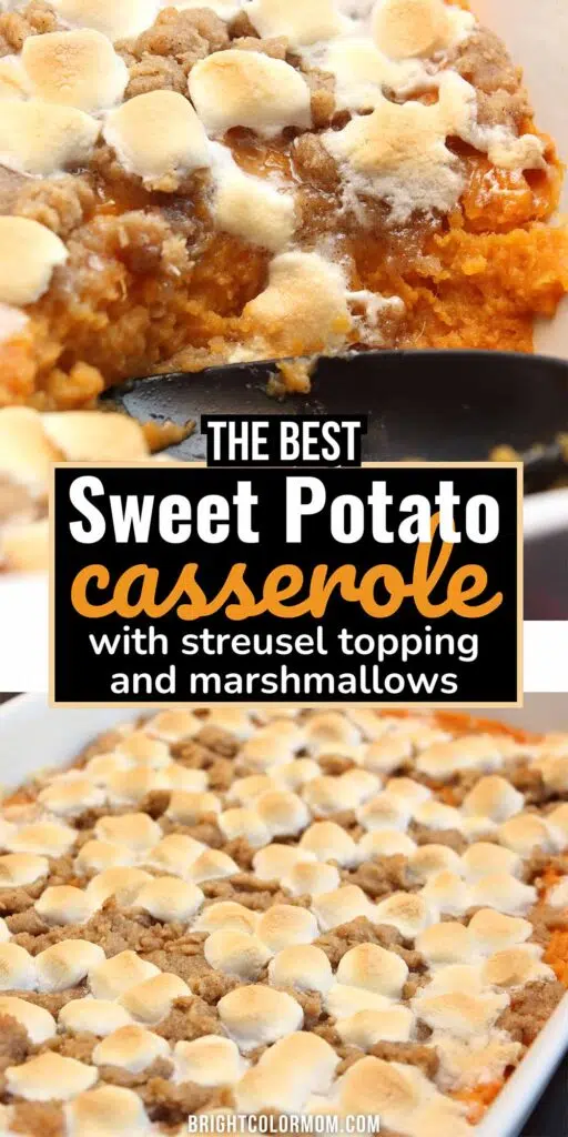 closeups of a sweet potato casserole with mini marshmallows