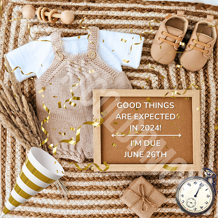 a beige flat lay featuring a cork board that reads "good things expected in 2024 - I'm due June 26th," a baby outfit and shoes, a stopwatch almost to midnight, and a confetti blower with gold confetti shooting out