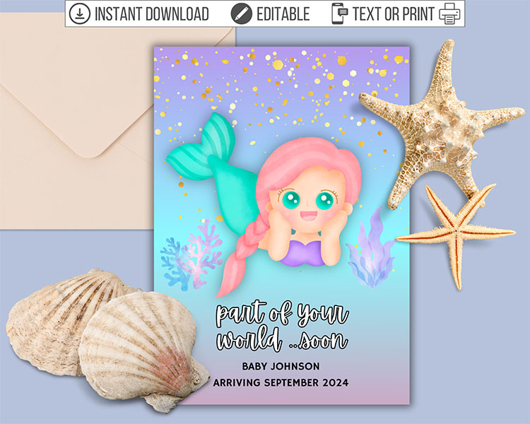 a shop listing for a Little Mermaid-themed pregnancy announcement card with seashells surrounding a card sample