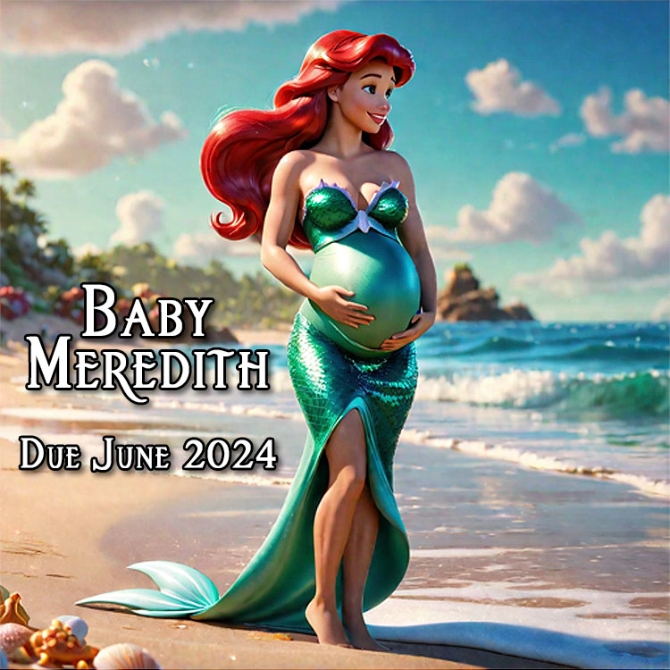 a 3D-animation version of Ariel from the Little Mermaid walking on the beach holding a large pregnant belly