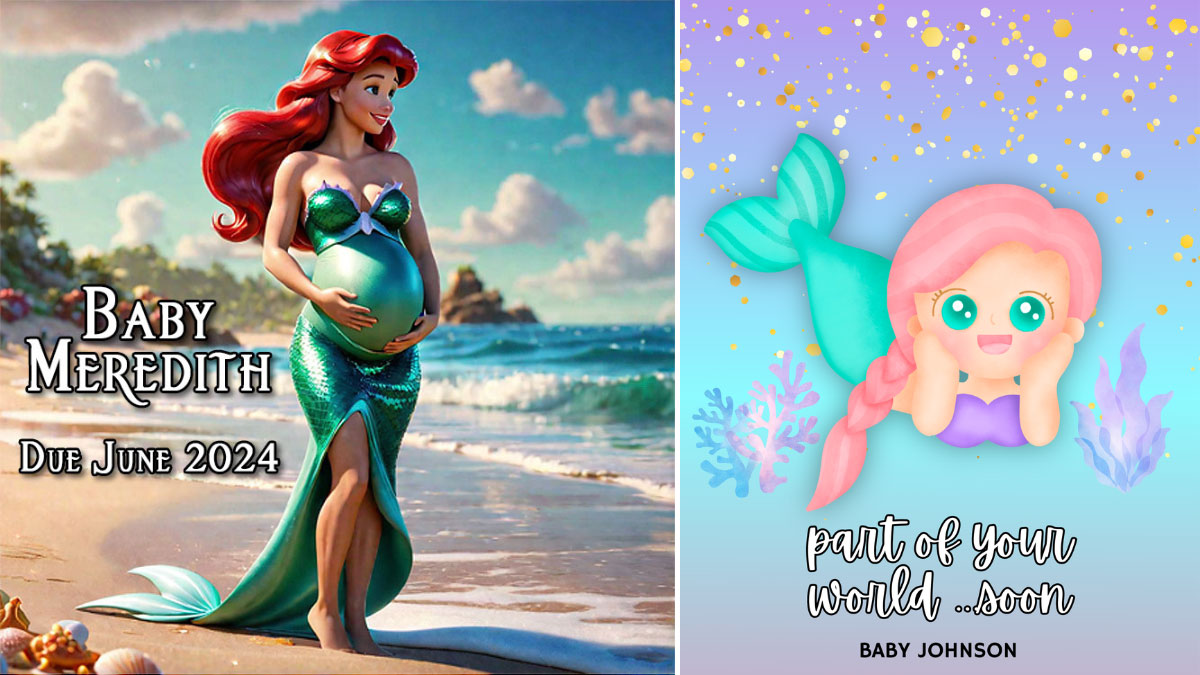 a split image of two versions of the Little Mermaid used in pregnancy announcement images