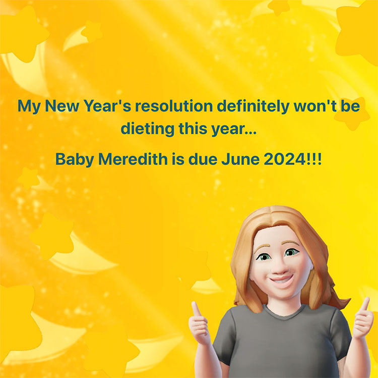 Facebook post reads "My New Year's resolution definitely won't be dieting this year... Baby meredith is due June 2024!!!"