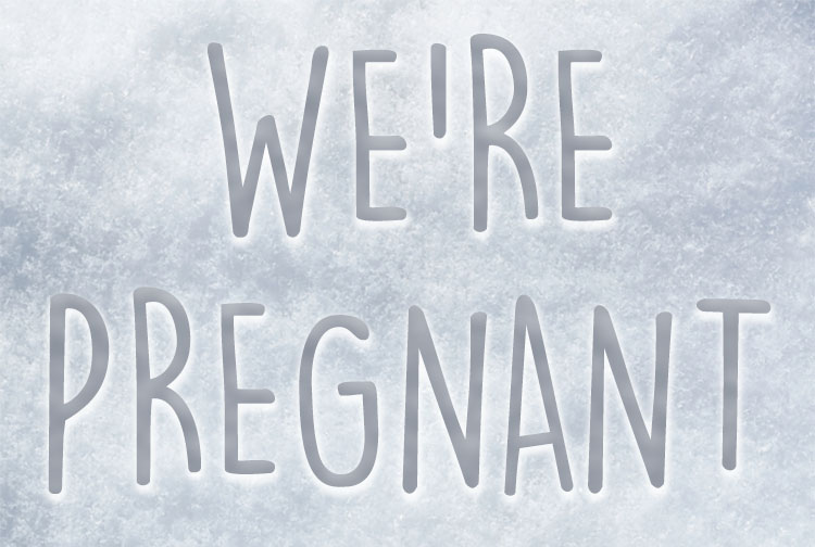 the words "We're Pregnant" written in the snow