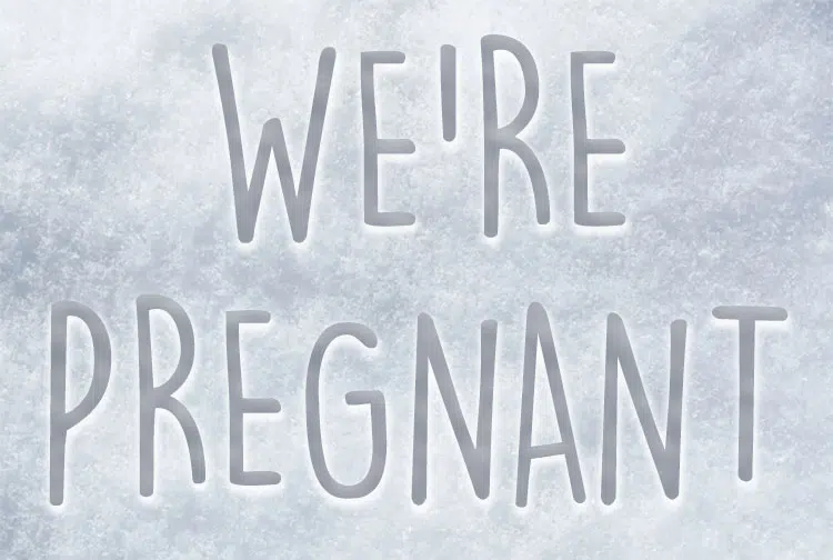 the words "We're Pregnant" written in the snow