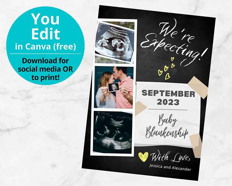 a template for a social media pregnancy announcement featuring a photostrip with sonograms and a sticky note on a chalkboard