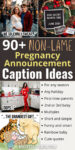 a collage of pregnancy announcement images and text reading "90+ non-lame pregnancy announcement caption ideas"