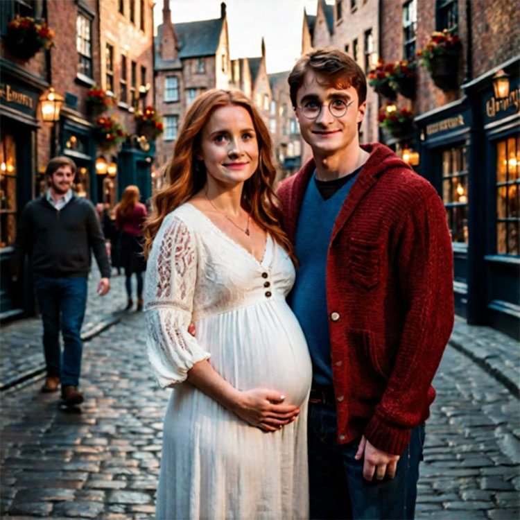 Ginny Weasley and Harry Potter expecting a baby standing in Diagon Alley
