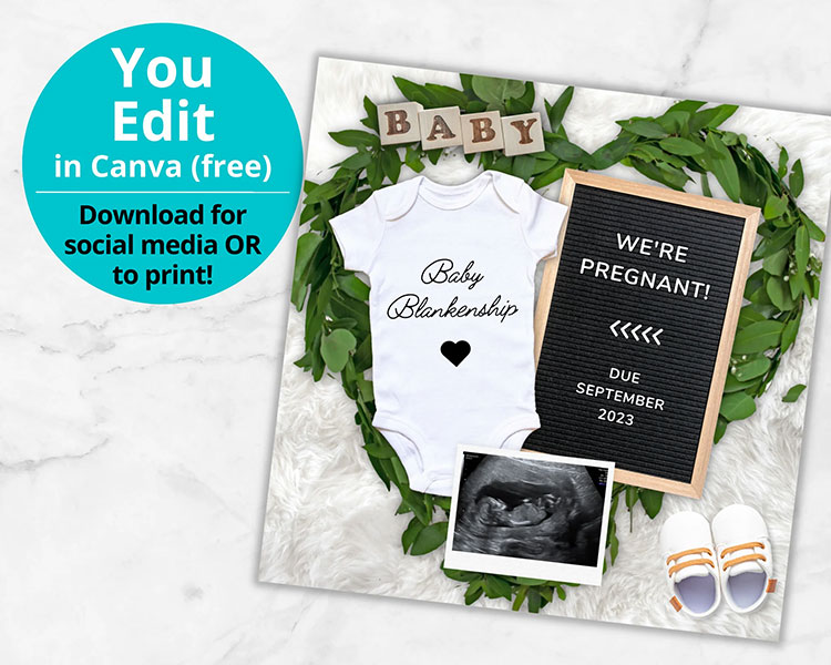 a template for a social media pregnancy announcement featuring a baby onesie, tall letterboard, and sonogram with baby blocks and greenery