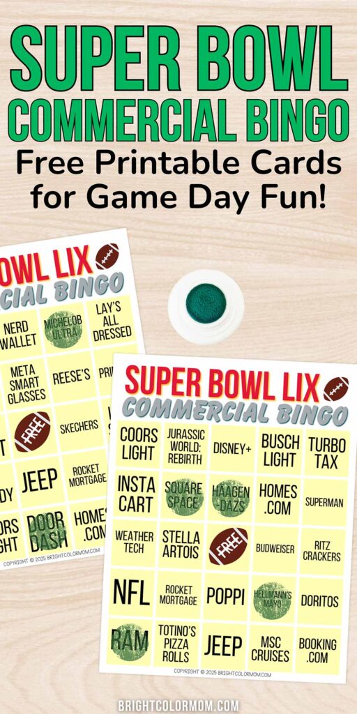 a couple of Super Bowl commercial bingo cards on a table