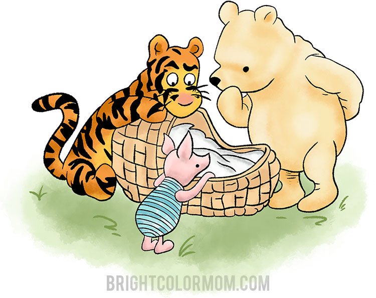 Winnie the Pooh, Tigger, and Piglet from the classic books looking down at a Moses-style baby basket