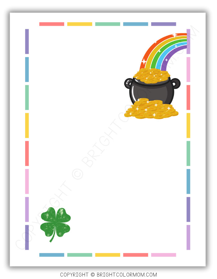 a blank leprechaun trap note design with a dashed-line rainbow border, a rainbow entering an overflowing pot of gold, and a four-leaf clover