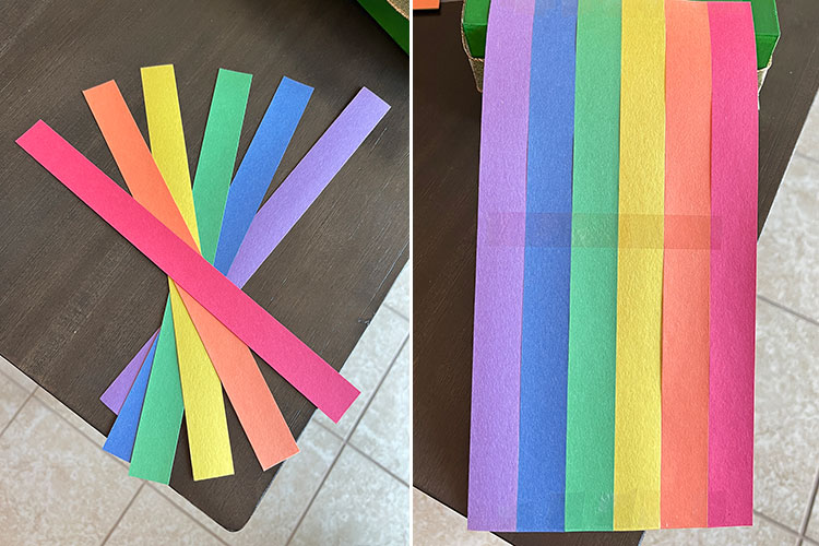 a split image with strips of construction paper on the left and an assembled rainbow from the strips on the right