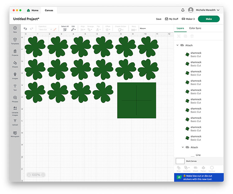 Cricut Design Space screenshot showing several shamrocks and a square being cut from green material