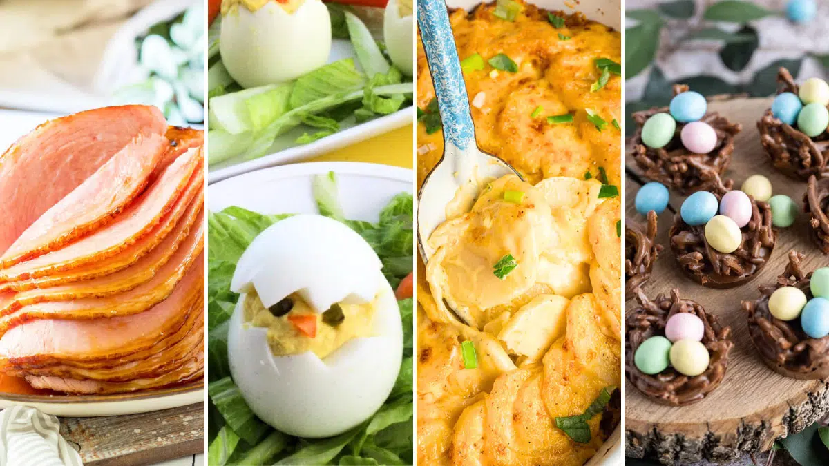 a split image of four Easter dishes, including a sliced spiral ham, a deviled egg made to look like a chick hatching, scalloped potatoes, and chocolate cookies designed to look like birds' nests with candy eggs on top