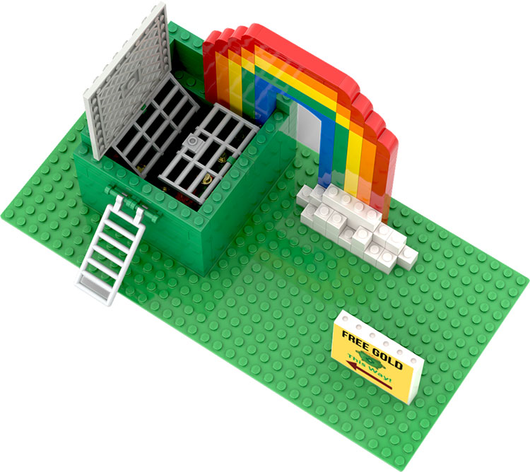 a realistic rendering of a LEGO leprechaun trap design from BrickLink Studio