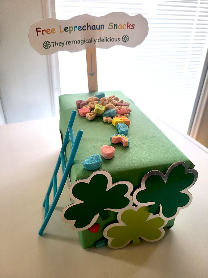 a very easy leprechaun trap made with a shoebox and Lucky Charms marshmallows