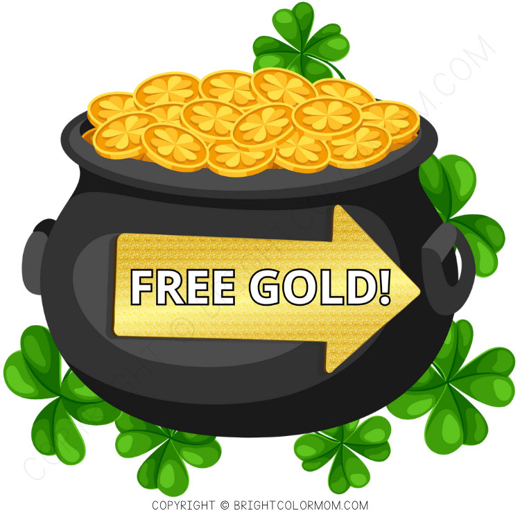 a large black pot of gold coins surrounded by shamrocks, with a gold arrow on the pot that says "FREE GOLD!"