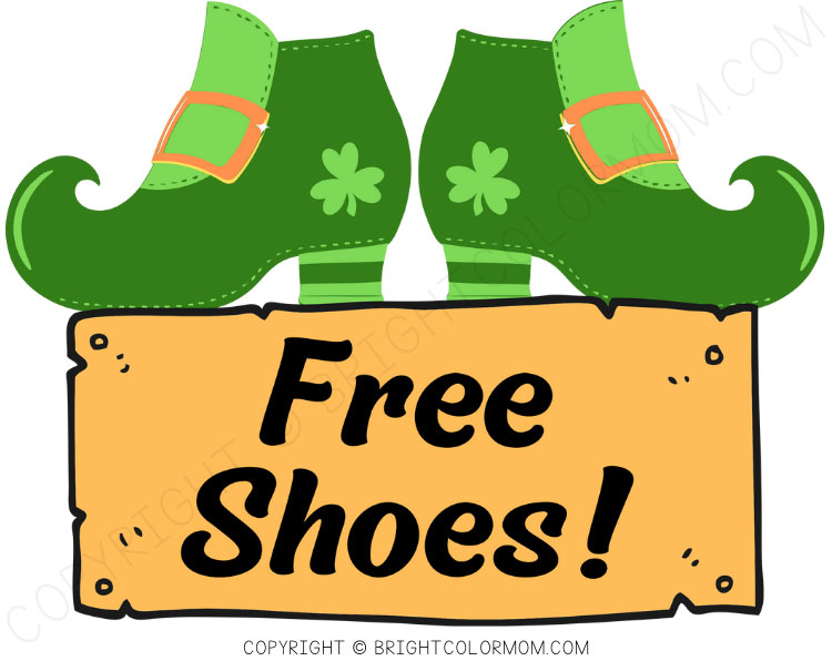 a pair of green winklepickers (leprechaun shoes) on top of a wooden sign that says "Free Shoes!"