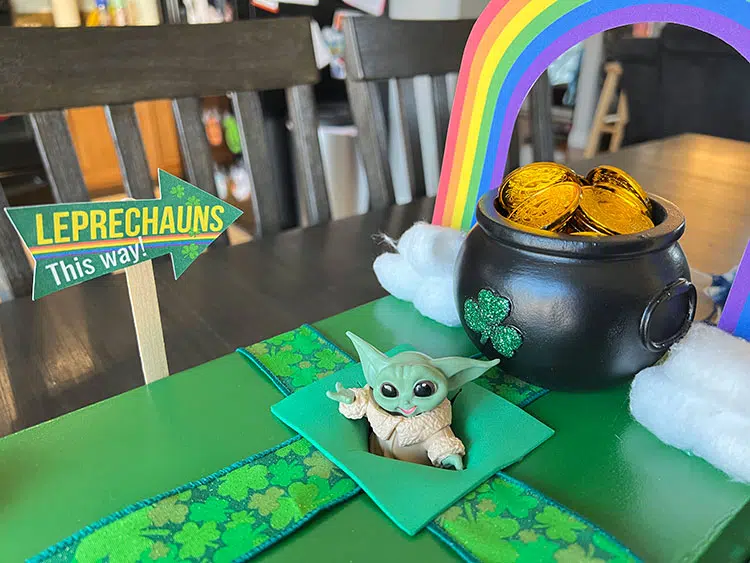 Grogu stuck inside the trap door of a leprechaun trap