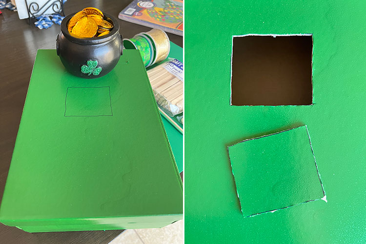 a split image with a green shoebox that has a square drawn in the center on the left, and that same square cut out of the box on the right