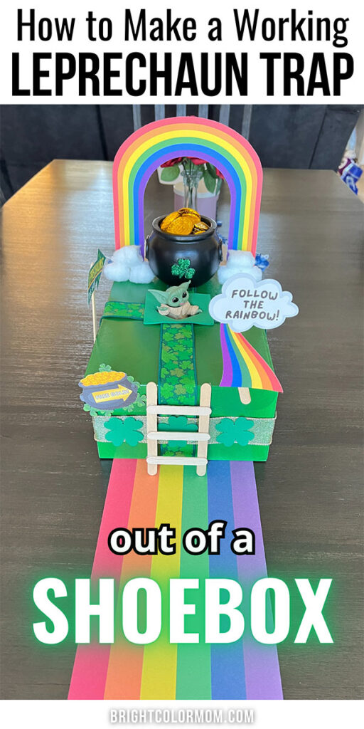 an image of a leprechaun trap craft with the text "How to make a working leprechaun trap out of a shoebox"