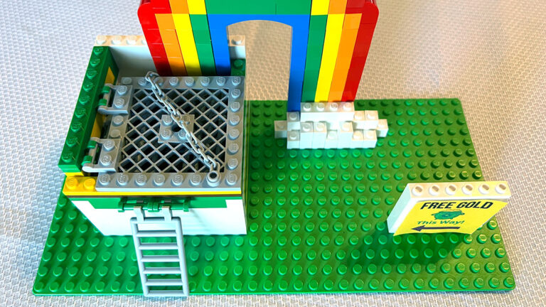 a completed LEGO leprechaun trap, closed