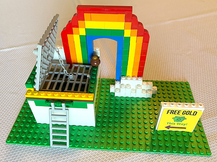 a LEGO leprechaun trap that is set and ready to catch a leprechaun